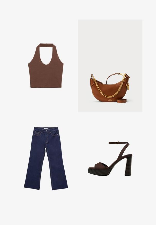 Ruskean värinen halterneck-toppi, joka on valmistettu pehmeästä ja joustavasta kankaasta. Siinä on syvä ansatsikaula-aukko ja leveämmät hihnat, rento istuvuus ja minimoidut saumat.; Farkkuinen tummansiniset leveälahkeiset farkut, joissa on kontrastiväriset oranssit tikkaus, viisi taskua ja yksi nappikiinnitys vyötäröllä.; Ruske kožne sandale s visokom potpeticom, otvorenim prstima, podesivim kopčanjem oko gležnja i prugastim platformskim đonom.; Ruskea nahkakäsilaukku, jossa on kaareva muotoilu, kultaketjuhihna, sisätasku ja irrotettava olkahihna. Ominaisuuksina on kontrastivärinen ommel.; Kullanıcının sol kulağında yer alan, yuvarlak ve hafif dokulu tasarıma sahip altın halka küpe, koyu saç ve siyah bir giysi ile bir arka planda sergileniyor.