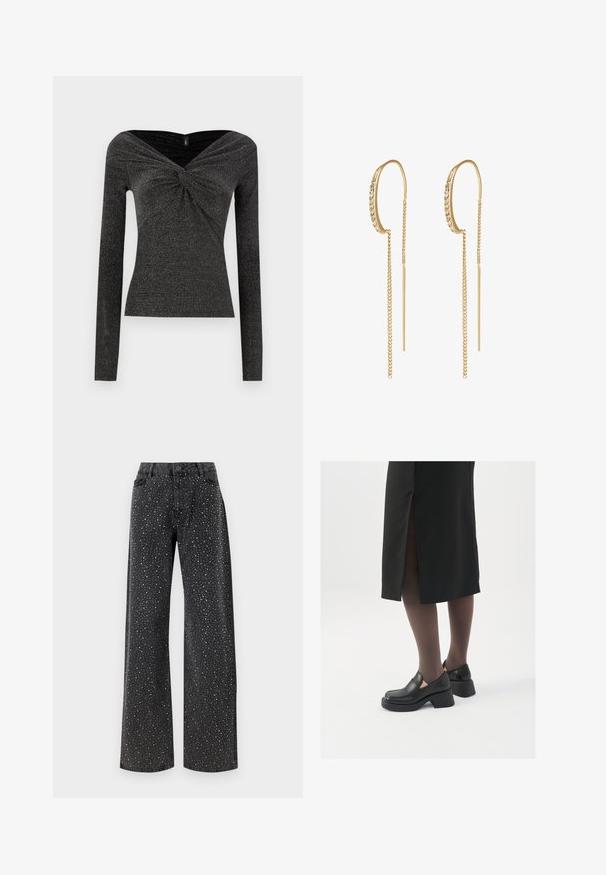 Black long-sleeve top with a twisted front design, made of a textured, sparkly fabric. Features a wide, off-the-shoulder neckline.; Noisy May NMJANNEL LOOSE - Relaxed fit jeans - black denim; Black leather shoes with a rounded toe, thick block heel, and elastic side accents, paired with dark tights and a black skirt with a slit.; Gold hoop earrings with a row of clear rhinestones. Features extended chain drops for a modern design. Smooth metal finish.
