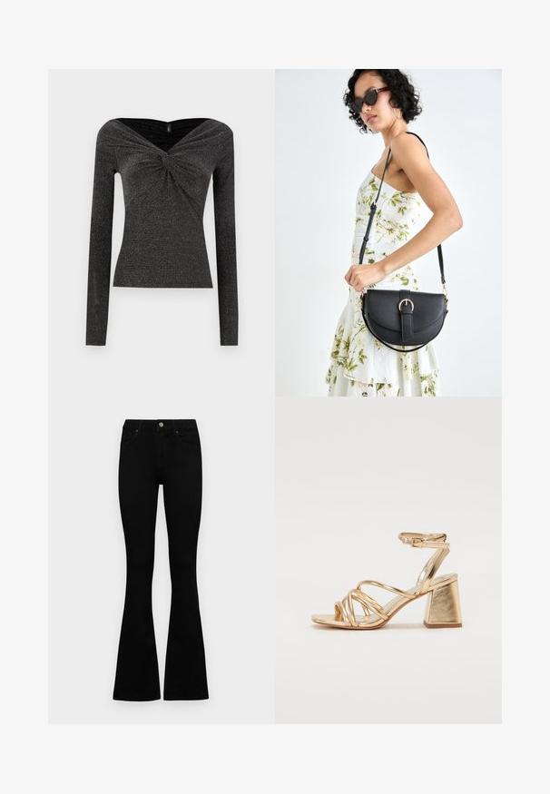 Zwarte lange mouwen top met een gedraaide voorkant, gemaakt van een gestructureerde, glinsterende stof. Heeft een brede, off-shoulder halslijn.; Zwarte hoge taille jeans met een knoop- en ritssluiting, voorzakken en een flared pijp, plat gelegd op een witte achtergrond.; Gouden metallic gestileerde sandaaltjes met hoge hakken, voorzien van een straps ontwerp, vierkante blokhak en een verstelbare enkelband met een gesp. Gladde textuur.; Zwarte leren handtas met een gebogen vorm, afneembare schouderband en gouden hardware. De tas heeft een klep met een gespsluiting.