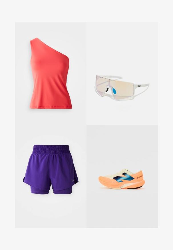 Aszimmetrikus korall színű top sima, rugalmas anyagból, egy vállpánttal és testhez simuló fazonnal.; Lila, dupla rétegű futósort, rugalmas derékpánttal és kis ezüst Nike logóval az alsó bal szegélyen.; Futócipő könnyű krém színű felsőrésszel, kék márkázással és narancssárga kiemelésekkel a talpon. Hálós textúra a légáteresztőség érdekében.; Fehér keretes napszemüveg nagy, színátmenetes lencsékkel, amelyek rózsaszín és világos narancssárga árnyalatúak. Kék orrdísszel és logóval kiemelve.