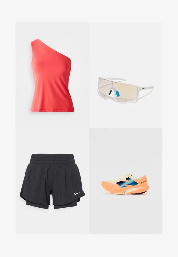 Top de alças assimétrico em coral, feito de um tecido liso e elástico, apresentando uma alça única e um silhouette justo.; Calças curtas desportivas pretas com um cós elástico, forro interior e fendas laterais. Apresenta um logo branco da Nike na parte da frente esquerda.; Sapatilha de corrida com um cabedal leve em creme, marcação azul e detalhes laranja na sola. Textura em malha para maior respirabilidade.; Óculos de sol com armação branca e grandes lentes degradê, apresentando um tom que vai do rosa ao laranja claro, realçados por um apoio nasal azul e detalhe do logótipo.