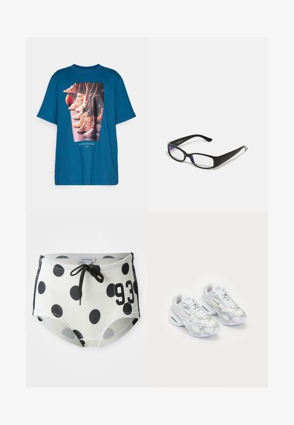 Türkiisi T-särk, millel on graafika korvpalliketsade ja jalgadega, mis on reas korvpalli kõrval, ning tekst "See on täiesti uus mäng" koos Nike logo.; Mustvalged must-valgete täppidega ujumispüksid kummeeritud vöökohaga, mille esiosal on number "93" ja mis on valmistatud siledast ja venivast kangast.; Valged spordijalatsid, millel on võrgust ülemine osa, hõbedased aktsendid, ainulaadne kuju ja õhupehmendus kandades. Sidekummiga disain koos logoga.; Mustad mustad prillid selgete läätsedega. Läikiv viimistlus, kitsad vars, ja läätsede servadel on nähtav lilla varjund.