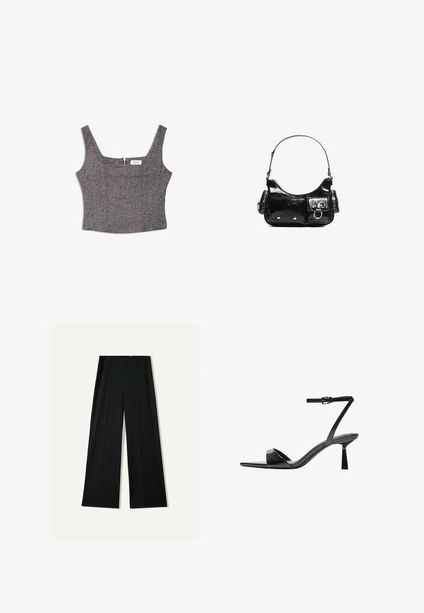 Grau gemusterter Crop-Top im Fischgrät-Design mit breiten Trägern, quadratischem Ausschnitt und einem Reißverschluss auf der Rückseite. Hergestellt aus strukturiertem Stoff, der körperbetont geschnitten ist.; Bershka WIDE - Stoffhose - black; Bershka High Heel Sandalette - black; Schwarze Lackleder-Handtasche mit geschwungenem Design, einem Schulterriemen, Vordertaschen und silberfarbenen Hardware-Akzenten.