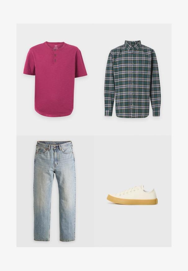 Tričkabraní s krátkým rukávem v živé magentové barvě. Má kulatý výstřih, tříknoflíkovou légou a mírně zakřivený lem. Měkký materiál.; Zelená flanelová košile s kostkovaným vzorem, která obsahuje modré, bílé a hořčičně žluté pruhy. Zapínání na knoflíky a špičatý límec. Dlouhé rukávy.; Svetle modré džíny z denimu s vysokým pasem, předním knoflíkem, zipem a designem s pěti kapsami, ležící rovně na neutrálním pozadí.; Plátěné tenisky v krémové barvě s kulatou špičkou, s béžovými gumovými podešvami a pěti očky na tkaničky, texturovaný povrch horní části.