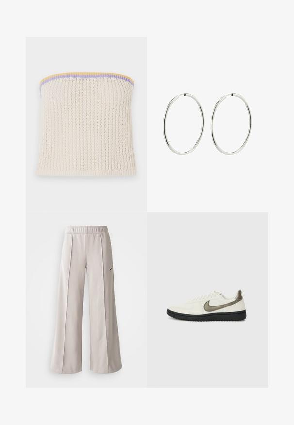 Cremefarvet strikket strapless top med ribbet tekstur. Accentueret med gul, lilla og blå kant. Inkluderer et lille metalmærke logo.; Lys grå, vide bukser lavet af glat stof. Har et elastisk talje bånd og sort Nike-logo på venstre side.; Nike Sportswear FIELD GENERAL - Sneakers - off-white/black; Sølv hoops øreringe med en glat, poleret overflade. Cirkulær form, ensartet bredde, designet til nem lukning. Enkle og elegante.