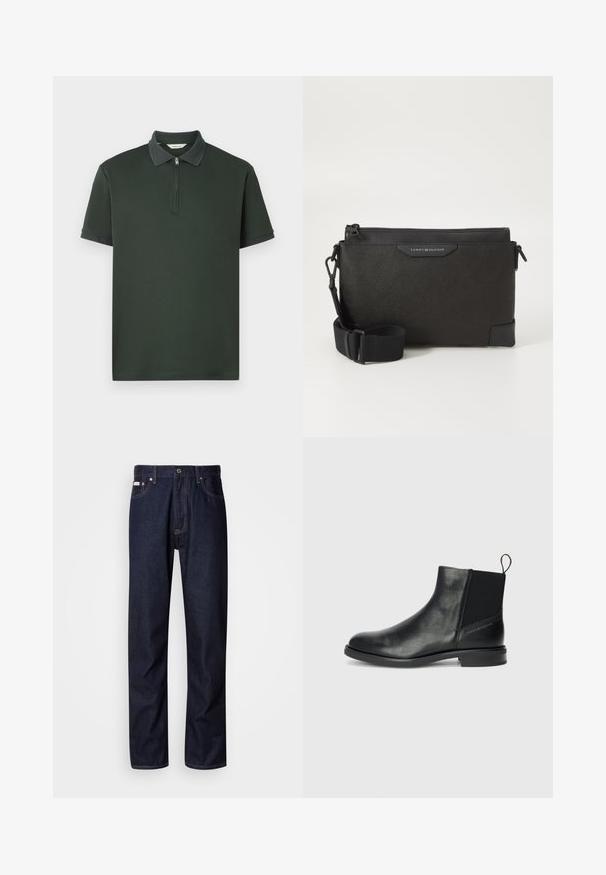 Sötétzöld, rövid ujjú pólóing cipzáras gallérral és kontrasztos, texturált gallérdísszel. Simára szövetből készült, minimalista dizájnnal.; Sötétkék farmernadrág egyenes szárú kialakítással, gombos cipzárral, öt zsebbel és kontrasztos varrási részletekkel.; Fekete bőr bokacsizmák rugalmas oldalsó panelekkel, kerek orral, alacsony blokk sarkúval, és hátsó húzófüllel a könnyű felvétel érdekében.; Fekete bőr keresztbody táska textúrás felülettel, cipzárral és állítható pánttal. Logó címke elöl. Téglalap alakú.