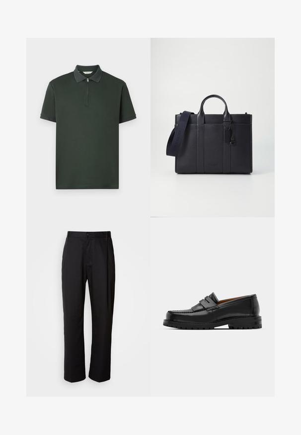 Sötétzöld, rövid ujjú pólóing cipzáras gallérral és kontrasztos, texturált gallérdísszel. Simára szövetből készült, minimalista dizájnnal.; Fekete, egyenes szabású nadrág, könnyű anyagból készült. Elöl gombos záródással és két oldalsó zsebbel rendelkezik; sima textúrájú.; Fekete bőr loaferek kiemelkedő varrással, két díszcsíkkal a felső részen és vastag, struktúrált talppal rendelkeznek a jobb tapadás érdekében.; Sötét tengerészkék bőr aktatáska, dupla felső fogantyúval és levehető pánttal. Texturált felülettel, függőleges varrással és logó részlettel rendelkezik.