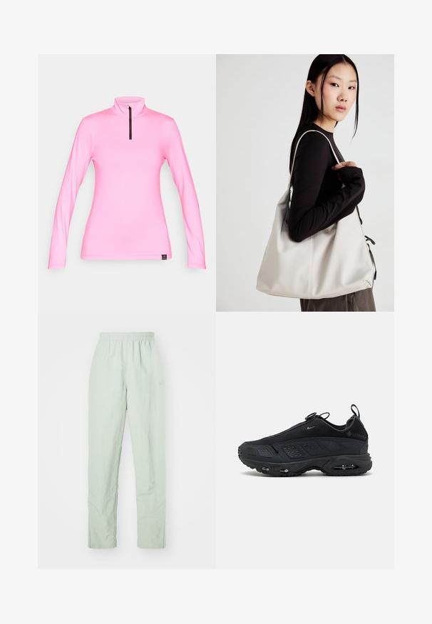 Pink long-sleeve top with high collar and half zipper, made of smooth fabric. Features contrasting zipper and side stitching details.; Light green, lightweight pants with an elastic waistband. Straight leg design, featuring minimal texture and a subtle logo detail.; Black sneakers with a textured mesh upper, rubber sole, and visible air cushioning. Features straps and perforated accents for breathability.; Beige handbag made of soft material, featuring a slouchy design, stitched detailing, and two shoulder straps. Suitable for everyday use.