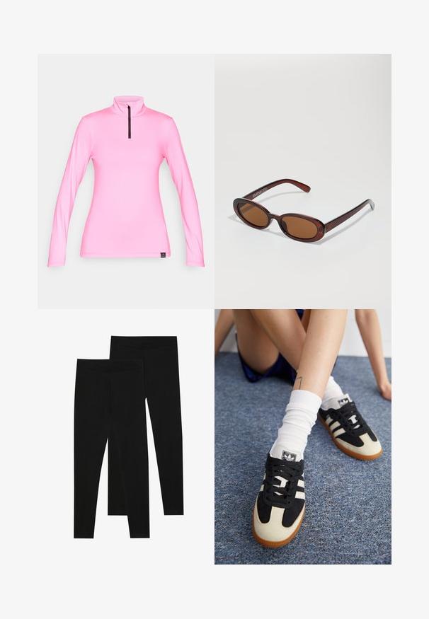 Pink long-sleeve top with high collar and half zipper, made of smooth fabric. Features contrasting zipper and side stitching details.; Black leggings made of stretchy fabric, featuring a seamless waistband and a slim fit design, suitable for casual wear or exercise.; Black and white athletic shoes with a suede and leather upper, featuring three white stripes and a gum sole. Pair worn with white socks.; Round, brown-tinted sunglasses with a glossy burgundy frame. Slim arms with subtle branding detail. Flat lens design.; Black nylon tote bag with brown leather accents and handles. Features a snap closure and a front pocket with a logo detail.