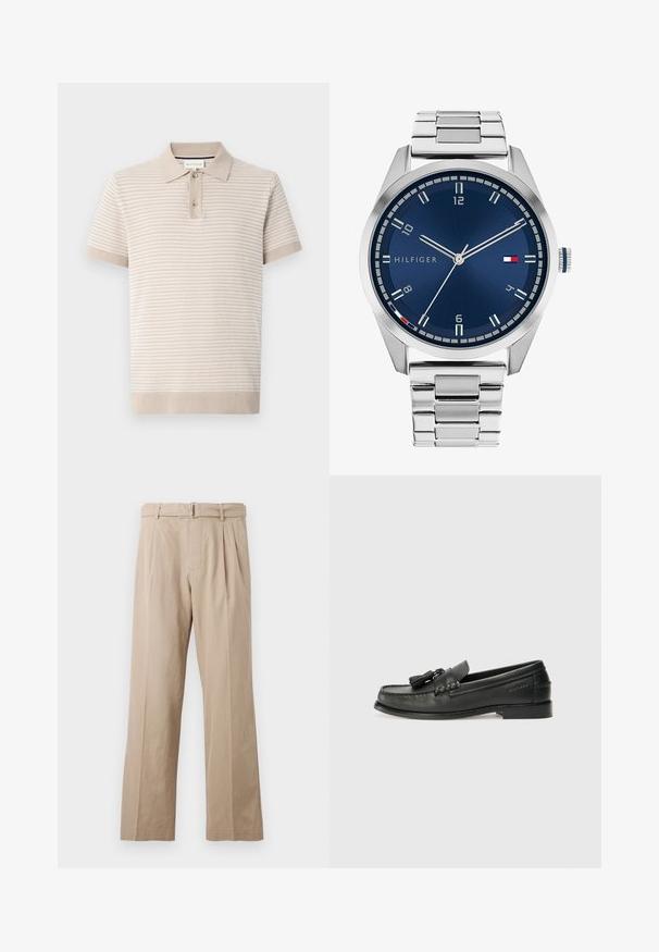 T-paita lyhythihaisilla, vaaleanbeigessä värissä, jossa on teksturoituja raitoja, kauluspääntie ja kolmesta napista koostuva listaus. Pehmeä kangas, jossa on resorihihansuut.; Beige, leveled-hameet housut, jotka on valmistettu sileästä puuvillasekoitteesta. Niissä on etupleatsit, ommeltu vyötärönauha ja metallinen solkivyö.; Musta nahkaloaferit, joissa on pyöreä kärki, koristeelliset tupsut ja ommeltu kuvio. Tasapohja, jossa on hienovarainen brändäys sivulla.; Harmaa metallikello, jossa on harjattu sininen taulu, valkoiset tuntimerkit ja päivämääränäyttö. Varustettu linkitetyllä metallirannekkeella ja brändin logolla.