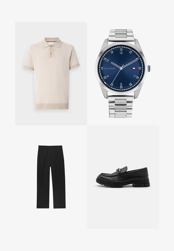 Kurzarm-Polohemd in hellem Beige mit strukturierten Streifen, mit Kragen und dreiknöpfiger Leiste. Weicher Stoff mit gerippten Bündchen.; Schwarze Hose mit geradem Schnitt, aus einem glatten Stoff gefertigt. Verfügt über Vorderfalten und einen einzelnen Knopfverschluss an der Taille.; Schwarzer Lederloafer mit runder Zehenform, einem dekorativen Riemen und Hardware sowie einer robusten, strukturierten Sohle. Glatte Oberfläche mit dezenten Details.; Silberne Metall-Uhr mit einem gebürsteten blauen Zifferblatt, weißen Stundenmarkierungen und einem Datumsanzeiger. Verfügt über ein verlinktes Metallarmband und ein Markenlogo.
