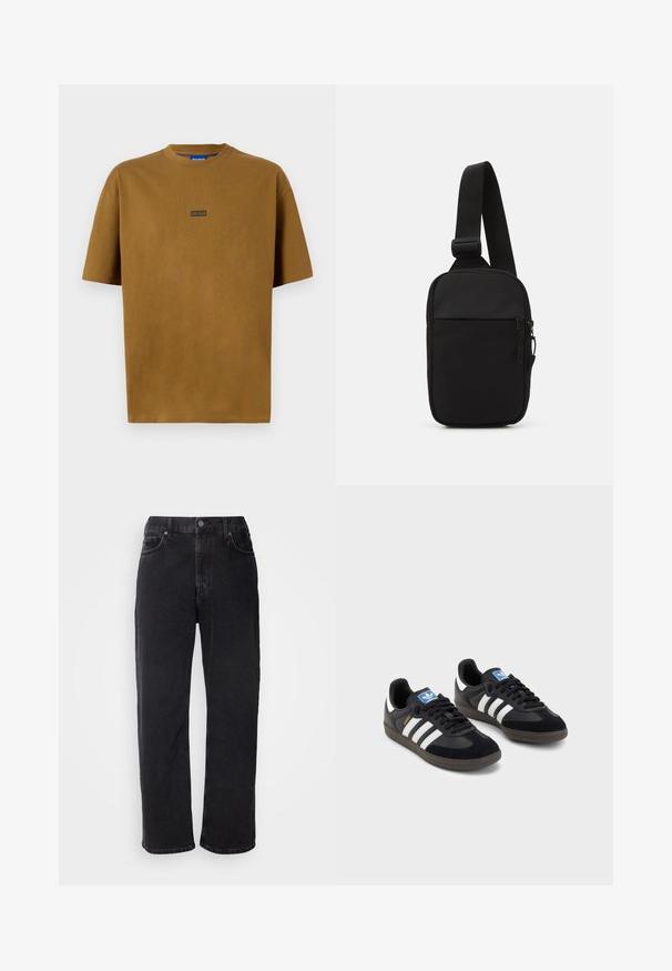 Pruun, lühikeste varrukatega, ümmarguse kaelusega T-särk, mis on valmistatud puuvillast. Ees on väike must logo silmapealne, millel on kiri "HUGO".; Mustad teksad sirge lõikega, viie taskuga ja kontrastsete õmblustega. Omab nööpkinnitust ja vöölõikeid.; Mustad tossud, mille pealseks on seemisnahk ja sünteetilised materjalid, kolme valge triibuga, tekstureeritud kummitald ja sinine logo silt keele peal.; Mustmust crossbody kott mustekangast, millel on üks reguleeritav rihm, lukuga põhiosas ja eesmine tasku.