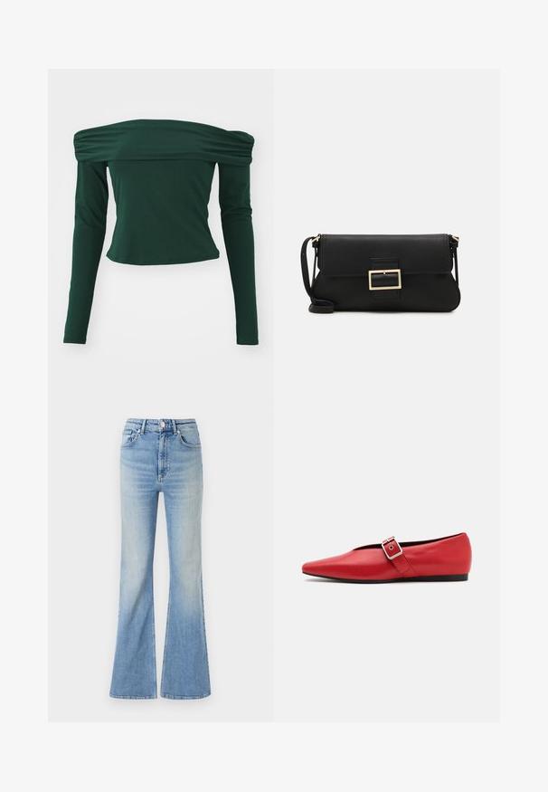 Grønn topp med avdekket skuldre og lange ermer. Laget av glatt stoff, har samlingsdetaljer ved skuldrene, tettsittende design og kort lengde.; Lyseblå flared jeans laget av denim, med høy midje, fem lommer og subtil gradient fading mot kanten.; Røde lærflatsko med spiss tå, med en sidespenne med metallspenne og en lav svart hæl. Glatt tekstur gjennom hele skoen.; Svart lær clutch-veske med klaff og detalj i gullmetall. Inkluderer en svart stropp og et strømlinjeformet, minimalistisk design.; Sølv hoops øredobber med en tvistet design, som har en polert finish og bakstøtte. Mål omtrent 3 cm i diameter.