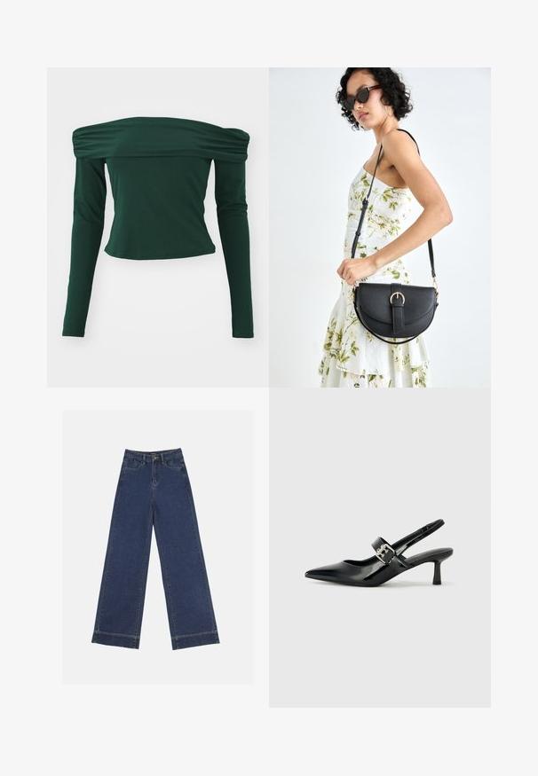 Top verde cu umeri descoperiți și mâneci lungi. Fabricat dintr-un material neted, prezintă detalii pliate la umeri, un design ajustat și o lungime scurtă.; Jeans evazați din denim albastru închis. Au cinci buzunare, bucle pentru curea și o margine brută la baza, cu detalii de coasere vizibile.; Sandale cu toc din piele patent neagră, cu vârful ascuțit și un toc mic bloc, având un accent cu cataramă argintie pe curea.; Geantă din piele neagră, cu o formă curbată, curea detașabilă și accesorii aurii. Geanta are un capac cu un detaliu tip cataramă.