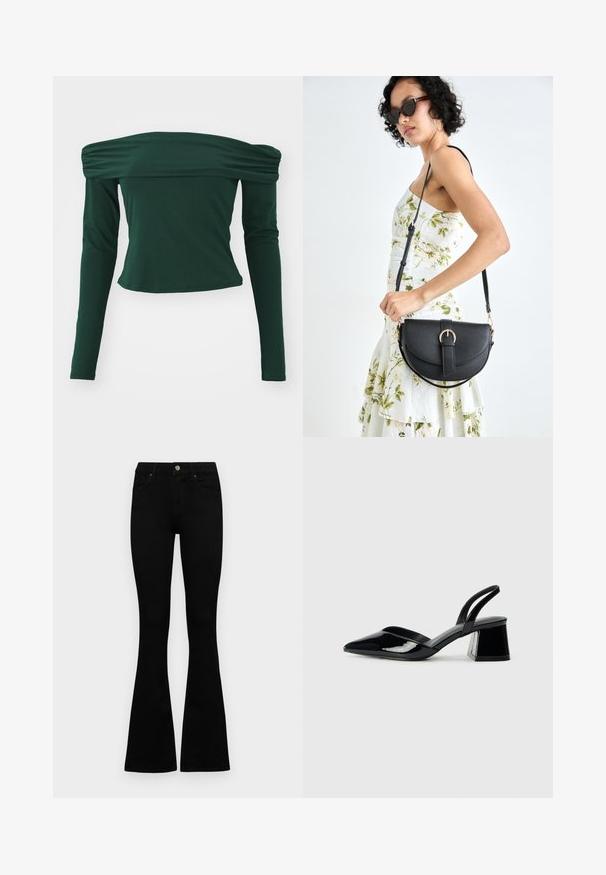 Top lungo a maniche lunghe verde, off-the-shoulder. Realizzato in tessuto morbido, presenta dettagli arricciati sulle spalle, design aderente e lunghezza cropped.; Jeans neri a vita alta con chiusura a bottoni e zip, tasche frontali e gambali svasati, distesi su uno sfondo bianco.; Décolleté in vernice nera con punta affusolata e tacco in geometria cubica. Presentano un design elegante e minimalista, con una texture liscia.; Borsa a tracolla nera in pelle con una forma curva, manico rimovibile e accessori dorati. La borsa presenta una patta con un dettaglio a fibbia.