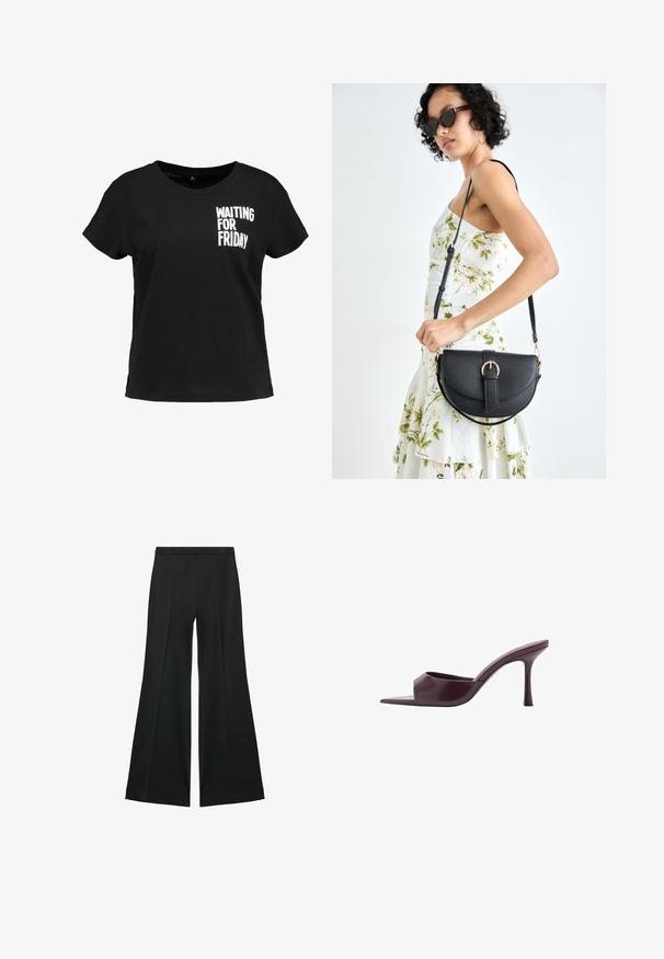 Czarna bawełniana koszulka z krótkim rękawem, z białym napisem graficznym "CZEKAJĄC NA PIĄTEK" na lewej stronie klatki piersiowej.; Czarne spodnie o szerokich nogawkach z gładką teksturą, z przodu ozdobione zakładkami i skrojonym fasonem. Materiał jest lekki i zwiewny.; Bordowe mule na wysokim obcasie z kwadratowym noskiem, wykonane z gładkiej skóry. Posiadają elegancki, minimalistyczny design oraz zwężający się obcas.; Czarna skórzana torebka o zakrzywionym kształcie, z odpinanym paskiem i złotymi akcentami. Torebka posiada klapę z zapięciem w kształcie klamry.