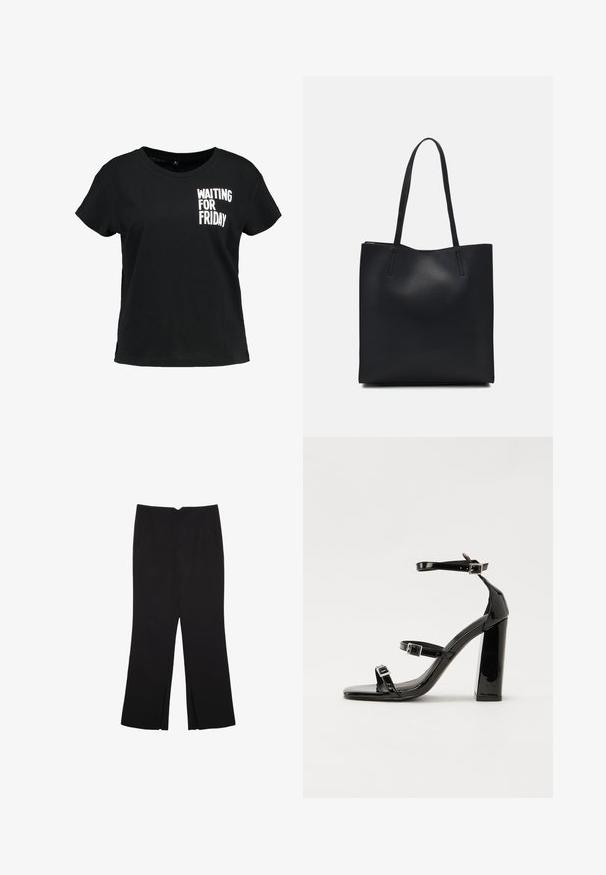 Zwarte katoenen T-shirt met korte mouwen, voorzien van witte grafische tekst "WACHTEND OP VRIJDAG" op het linkerborstgebied.; Zwarte broek met een rechte pasvorm, voorzien van zijzakken en plooien aan de onderzijde. Gemaakt van zachte, gladde stof. Geschikt voor verschillende gelegenheden.; Zwarte patent lederen sandalen met hoge hakken, twee gespenbanden, een vierkante neus en een stevige blokhak, met een gladde, glanzende textuur.; Zwarte leren handtas met een gladde textuur, rechthoekige vorm en twee lange handvaten. Geen zichtbare hardware of versieringen.