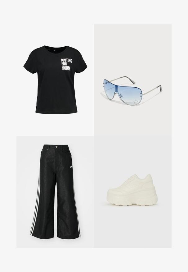 Černé bavlněné tričko s krátkým rukávem, s bílým grafickým textem "ČEKÁM NA PÁTEK" na levé části hrudi.; Černé široké džíny s třemi bílými pruhy po stranách a malým bílým logem. Obsahují přední kapsy a zapínání na knoflík.; Bílé platformové tenisky s hladkým svrškem podobným kůži, zaobleným tvarem, polstrovaným límcem a texturovanou gumovou podrážkou s vyznačenými vzory.; Pilotské sluneční brýle s modrými gradientními skly, stříbrným kovovým rámem a dekorativními hvězdnými akcenty na sklech. Hladký a elegantní design.