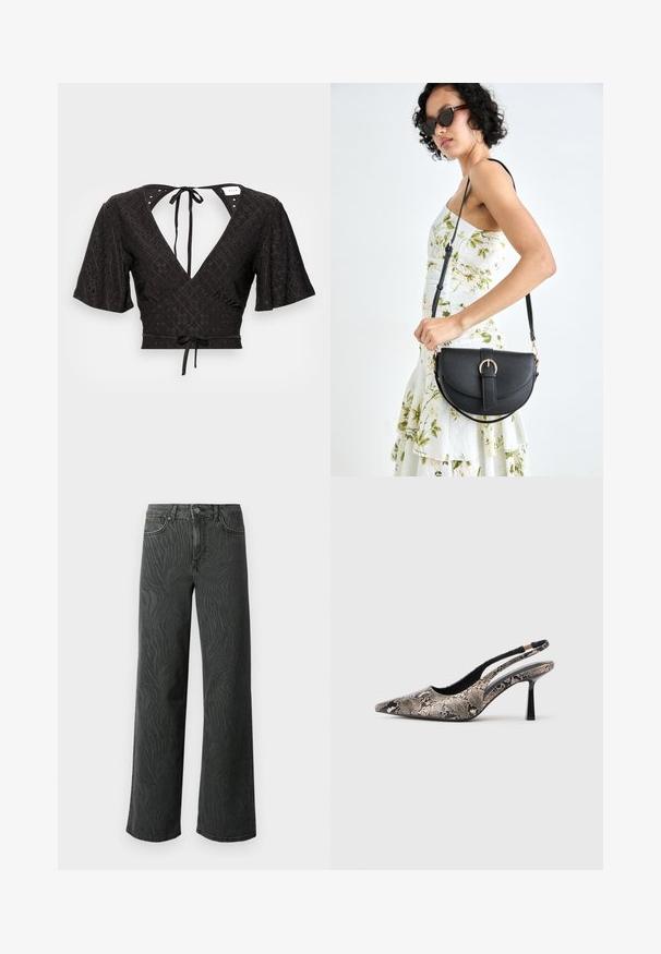 Juodas trumpas bliuskas su trumpomis pūstomis rankovėmis, gilia V formos iškirpte ir raišteliu nugaroje. Audinys turi tekstūrinį raštą su išpjovomis.; Platus džinsai tamsiai pilkoje denimo medžiagoje, su subtiliu zebro rašto tekstūra, kontrastinėmis siūlėmis ir penkių kišenių dizainu su mygtukiniu užsegimu.; V-formos slingback batai, pagaminti iš tekstūruoto gyvatės odos raštų, su siauru juodu kulnu ir išpjova šonuose.; Juodas odinis krepšys su išlenkta forma, nuimamu dirželiu ir auksiniais detalėmis. Krepšys turi kilpą su sagtimi.