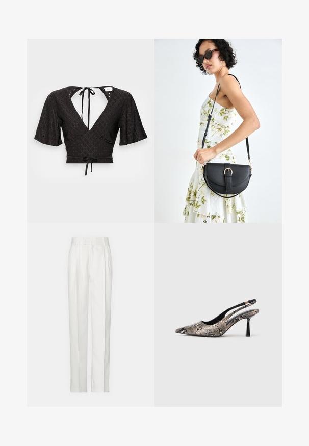 Blusa preta cropped com mangas curtas e volumosas, um decote em V profundo e um laço nas costas. O tecido possui um padrão texturizado com recortes.; Calças brancas com riscas verticais e um design de perna reta, feitas de um tecido leve. Apresentam pregas na frente e uma cintura tradicional.; Sapatos slingback de bico fino feitos de material texturizado com padrão de cobra, apresentando um salto preto esguio e um design recortado nas laterais.; Bolsa de couro preta com forma curva, alça destacável e detalhes em dourado. A bolsa possui uma aba com detalhe de fivela.