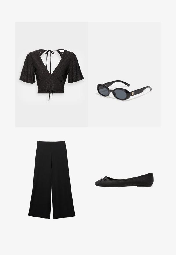 Mustat lyhythihaiset crop-topit, joissa on puffihihat, syvä V-pääntie ja nauha selässä. Kangas on teksturoitu ja siinä on aukkoja.; Mustat leveälahkeiset housut, jotka on valmistettu pehmeästä kankaasta. Ominaisuuksiin kuuluu korkea vyötärö ja sileä pinta, jossa ei ole näkyviä kuvioita tai korostuksia.; Mustat nahan ballet-kengät, joissa on pyöreä varvas, etuosassa koristeellinen sulka ja litteä pohja. Silkkinen pinta ja klassinen muoto.; Mustat ovaalit aurinkolasit tummilla linsseillä, kiiltävä muovikehys, leveät sivut ja pieni kultainen yksityiskohta toisella puolella.