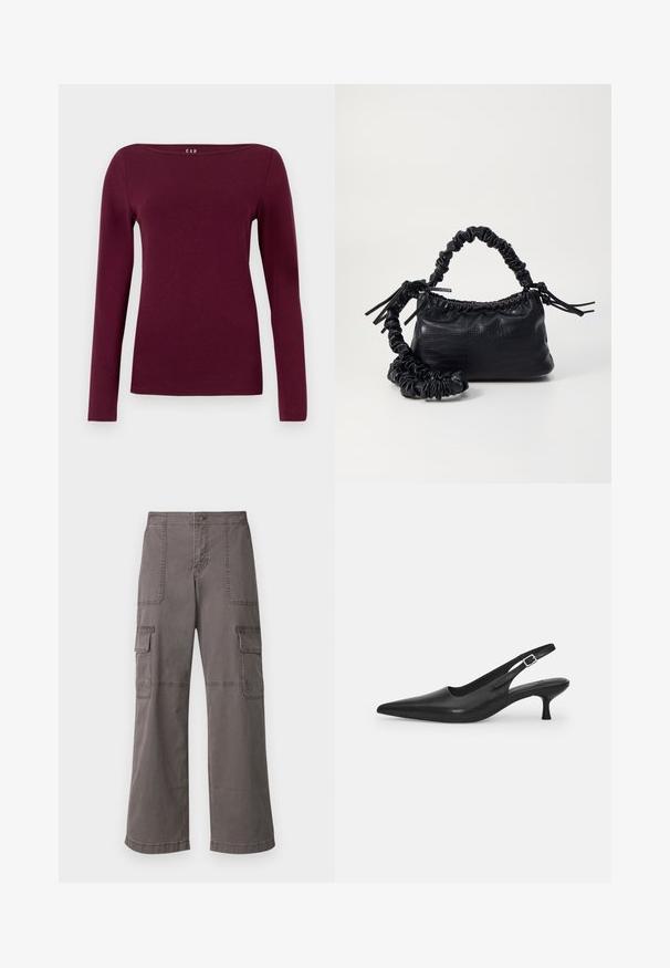 Pikemate, ümmarguse kaelusega naiste särk sügavas burgundia punases tooni, valmistatud siledast, keha ümber بهرavatest kangast.; Hallitsev harjadest puuvillased cargo püksid laia jala disainiga, millel on kaks eesmist taskut, kaks külgtaskut ja nähtavad õmbluse detailid.; Mustmustast musta nahast slingback king, millel on terav varvas ja kitsas, kumer konts. Omab diskreetset reguleeritavat rihma metallist pandlaga.; Must must sünteetilisest nahast käekott, millel on krokodillimuster, kokku tõmmatav ülaosa ja kortsus rihm. Tundub pehme ja kompaktne disain.