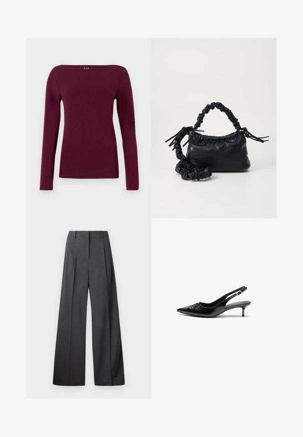 Pikemate, ümmarguse kaelusega naiste särk sügavas burgundia punases tooni, valmistatud siledast, keha ümber بهرavatest kangast.; Tumesed püksid tumesinises kangas, kõrge vöökoht, üks voldik ning sile struktuur puhaste ääristega.; Musthave nahkased kõrged kontsad, millel on terav varvas, väike kitten-kont ja dekoratiivne sõlm ees. Ühtlane sile tekstuur.; Must must sünteetilisest nahast käekott, millel on krokodillimuster, kokku tõmmatav ülaosa ja kortsus rihm. Tundub pehme ja kompaktne disain.