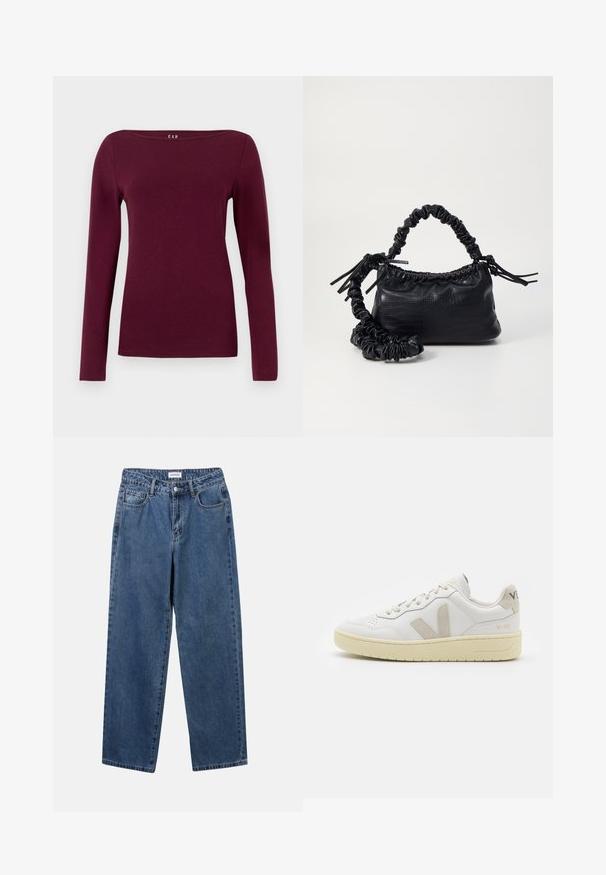 Ilgā piedurkne, kuplā kakla sieviešu blūze dziļi vīna sarkanā krāsā, izgatavota no gludas, pieguļošas auduma.; Klasiskie zili džinsi ar taisnu kāju dizainu, pieciem kabatām un pogu aizdari. Iezīmējas ar vidēju mazgāšanu un izturīgu tekstūru.; Baltas ādas sporta apavu pāris ar bēšiem zamša akcentiem, caurumiņu purngalā, plakanu šņorēšanu un teksturētu krēmkrāsas zoli. Iezīmējas ar diskrētu zīmolu uz papēža.; Melnā mākslīgās ādas rokassoma ar krokodila rakstu, savilkta augšdaļa un saburzīta siksna. Izskatās mīksta un kompakta pēc dizaina.