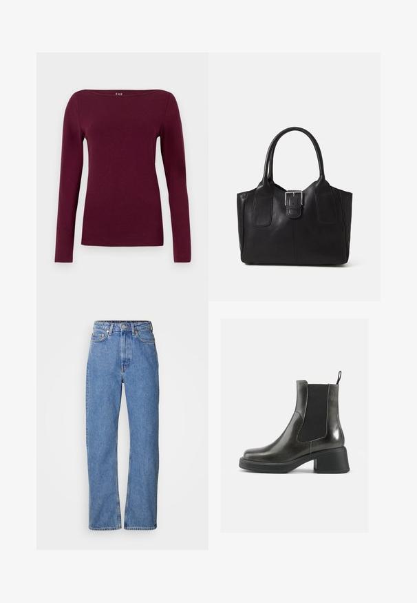 Camisola de manga longa, com decote redondo, para mulheres, em um sólido bordeaux profundo, feita de um tecido suave e ajustado.; Jeans de denim azul claro com um corte reto, apresentando uma cintura alta, cinco bolsos, costura visível e detalhes em metal cobre.; Botas de tornozelo em couro negro com um acabamento liso, painéis laterais elásticos e um salto robusto. Apresentam uma alça na parte de trás para facilitar o calçar.; Bolsa tote de couro preta com textura suave, forma estruturada, duas alças e um destaque prateado proeminente na parte da frente.
