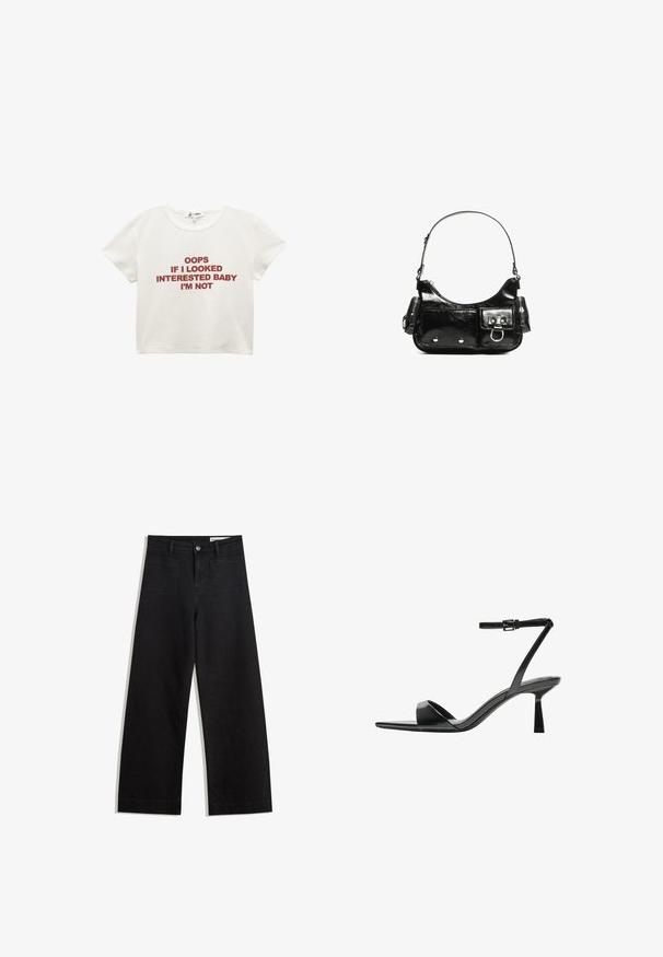 Weißes, kurzes T-Shirt aus Baumwolle. Mit rotem Text: "OUPS, WENN ICH INTERESSIERT AUSSEHE, BABY, TUE ICH DAS NICHT." Kurze Ärmel und runder Ausschnitt.; Schwarze weit geschnittene Jeans mit hoher Taille, ausgestattet mit Vorder- und Hintertaschen, gesteppten Nähten und einem Knopfverschluss. Glatte Textur.; Bershka High Heel Sandalette - black; Schwarze Lackleder-Handtasche mit geschwungenem Design, einem Schulterriemen, Vordertaschen und silberfarbenen Hardware-Akzenten.