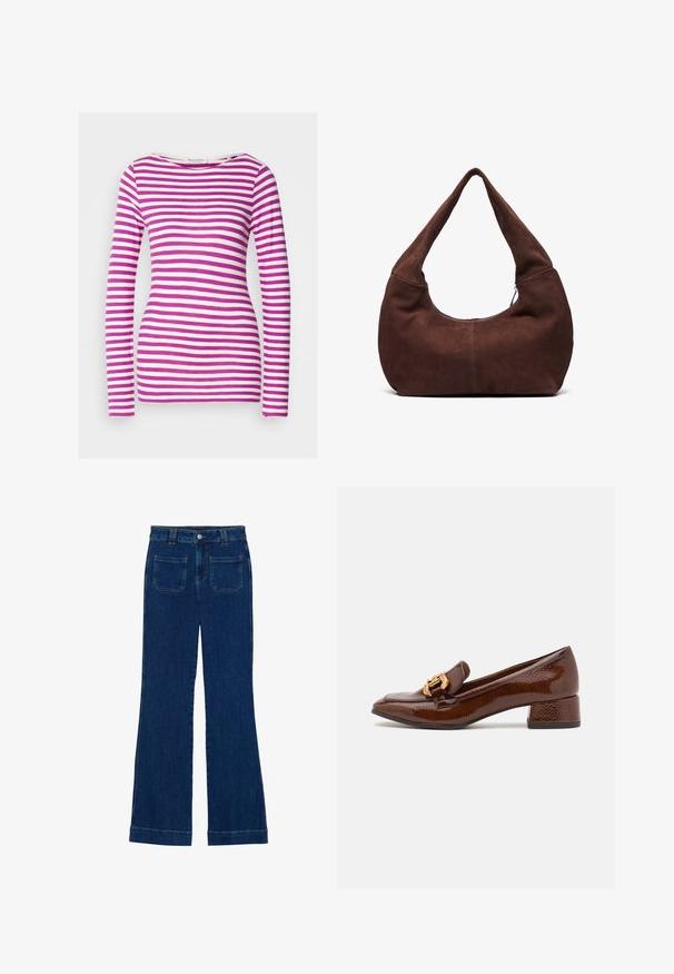 Long-sleeve T-shirt with a fitted shape, made of soft cotton. Features horizontal pink and white stripes and a wide neckline.; Denim flared jeans in dark blue with a smooth texture, five-pocket design, and a button closure at the waist.; Brown leather loafers with a glossy finish, featuring a decorative gold buckle on the front and a low block heel. Classic design.; Brown suede hobo bag with a curved, wide handle and a large opening. Soft texture with visible stitching detailing along the edges.
