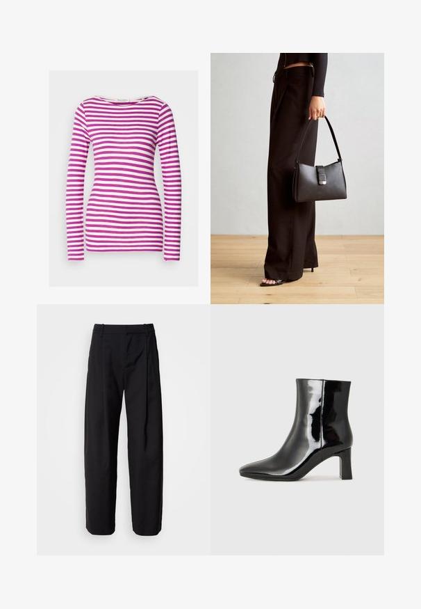 Langermet t-skjorte med en tettsittende fasong, laget av myk bomull. Har horisontale rosa og hvite striper og en vid halsutringning.; Svarte bukser med avslappet passform, plisserte foran og beltehemper. Glatt stoff og rette ben, med sidelommer.; Sorte patentlær ankle boot med spiss tå og en mellomhøy blokkhelt. Glatt tekstur og minimalistisk design.; Svart håndveske med strukturert form, jevn tekstur og metallisk lås. Kombinert med brede svarte bukser og sandaler med åpen tå på tregulv.