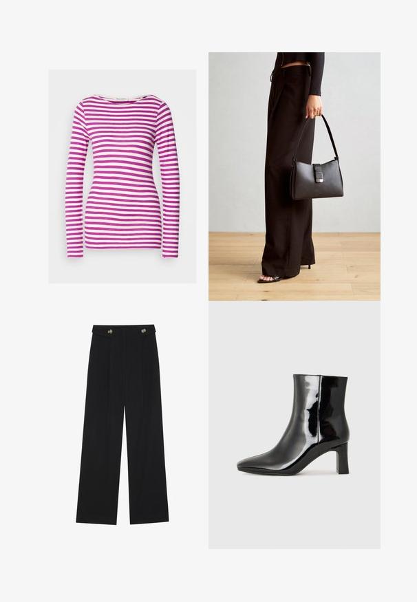 Long-sleeve T-shirt with a fitted shape, made of soft cotton. Features horizontal pink and white stripes and a wide neckline.; Black wide-leg trousers with high waist, button details on waistband, and front pleats.; Black patent leather ankle boot with a pointed toe and a mid-height block heel. Smooth texture and minimalist design.; Black handbag with structured shape, smooth texture, and a metallic clasp. Paired with wide black pants and open-toe sandals on wooden floor.
