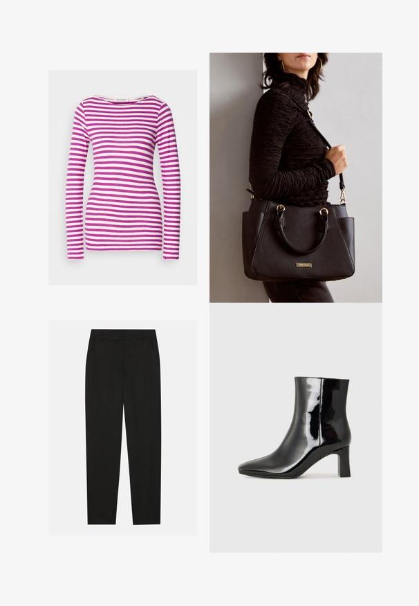 Long-sleeve T-shirt with a fitted shape, made of soft cotton. Features horizontal pink and white stripes and a wide neckline.; Black trousers with a tailored design, featuring side pockets and a straight leg. Made from smooth, lightweight fabric with a sleek finish.; Black patent leather ankle boot with a pointed toe and a mid-height block heel. Smooth texture and minimalist design.; Black handbag with textured surface, dual top handles, and adjustable shoulder strap. Features gold-tone hardware and side pockets.