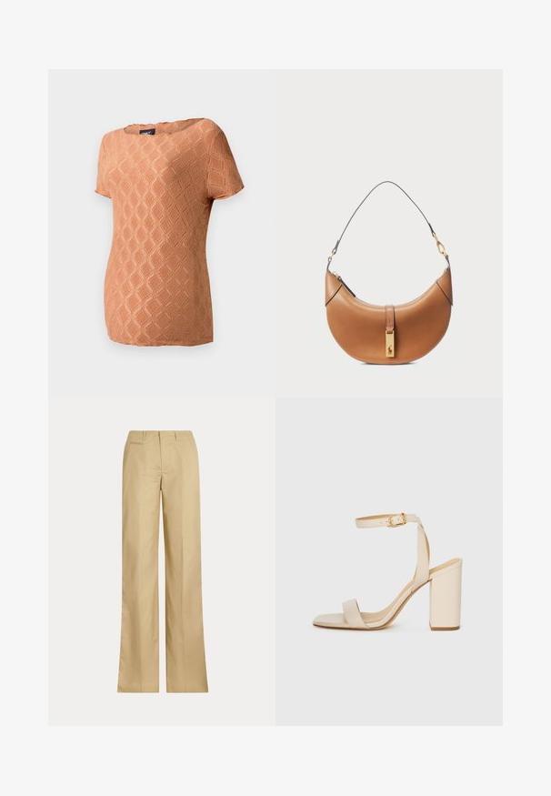 Top de manga corta, texturizado en suave color naranja con un patrón de diamantes. Presenta un escote redondo y un corte holgado.; Pantalones de pierna ancha beige, elaborados en algodón suave, con una cinturilla clásica y un bolsillo trasero, de corte recto y con un detalle mínimo.; Sandalia de tacón alto beige con punta cuadrada, tira delgada en el tobillo y tacón ancho. Textura de cuero suave con un detalle de hebilla dorada.; Bolso de cuero color tan con forma curva, hardware dorado y una correa delgada para el hombro. Presenta un cierre de cremallera y un detalle del logo en la parte frontal.