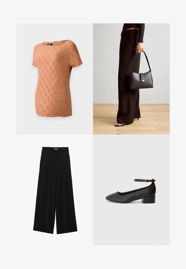 Lühikeste varrukatega, pehme oranži värviga tekstuuriga top, millel on rombikujuline muster. Omab ümmargust kaelust ja vabalt langevat lõiget.; Mustad laiad püksid, millel on tekstureeritud kangas, elastne vöökoht ja eemaldatav pael vööst, et reguleerida sobivust.; Must mustaapp, millel on terav nina ja madal blokk-kand. Omab pahkluu rihma koos kuldse tooni pandlaga. Sile tekstuur.; Must musta kott, millel on struktureeritud kuju, sile tekstuur ja metallist klamber. Kombineeritud laiate mustade pükstega ja avatud varvaste sandaalidega puidust põrandal.