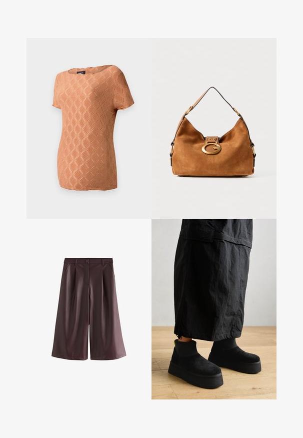 Krátky rukáv, textúrovaný top vo svetlo oranžovej farbe s diamantovým vzorom. Obsahuje okrúhly výstrih a uvoľnený strih.; Hnedé široké šortky z umelej kože s prednými vreckami, pútkom na opasok a zapínaním na gombík.; Čierne platformové členkové čižmy vyrobené z mäkkej semišovej usne s hladkým povrchom a hrubou podrážkou. Majú rebrový vzor a neónový akcent na päte.; Hnedá semišová kabelka s zaobleným tvarom, zlatou kovovou sponou a kontrastným čiernym lemovaním. Obsahuje jeden ramenný popruh na nosenie.