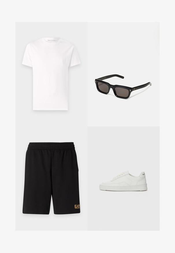 Hvit bomulls-T-skjorte med korte ermer, rund hals og en jevn, myk tekstur. Ingen mønstre; ensfarget design.; Sorte treningsshorts laget av mykt stoff, med elastisk midje og en liten gul EA7-logo nederst på venstre ben.; Hvite lærersneakers med en jevn overflate, rund tå, flate lisser og en teksturert såle. Har en subtil logo på hælen.; Sorte rektangulære solbriller med mørke linser, tykk plastikkramme, gullaccenter på skulderpartiet og merkevarelogo gravert på armen.