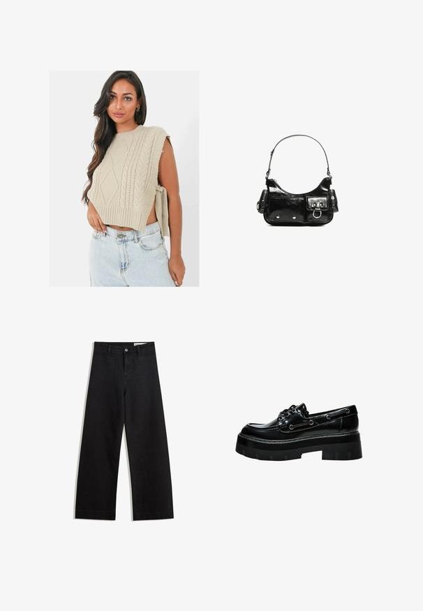 Beiger Strick-Crop-Pullover mit Zopfmuster, weiten Armausschnitten und geripptem Saum, kombiniert mit hellblauen Jeans-Shorts.; Schwarze weit geschnittene Jeans mit hoher Taille, ausgestattet mit Vorder- und Hintertaschen, gesteppten Nähten und einem Knopfverschluss. Glatte Textur.; Schwarzer Lacklederschuh mit dickem Plateau, abgerundeter Spitze, Schnürdesign und silberfarbigen Ösen. Verfügt über eine strukturierte, profilierten Sohle.; Schwarze Lackleder-Handtasche mit geschwungenem Design, einem Schulterriemen, Vordertaschen und silberfarbenen Hardware-Akzenten.