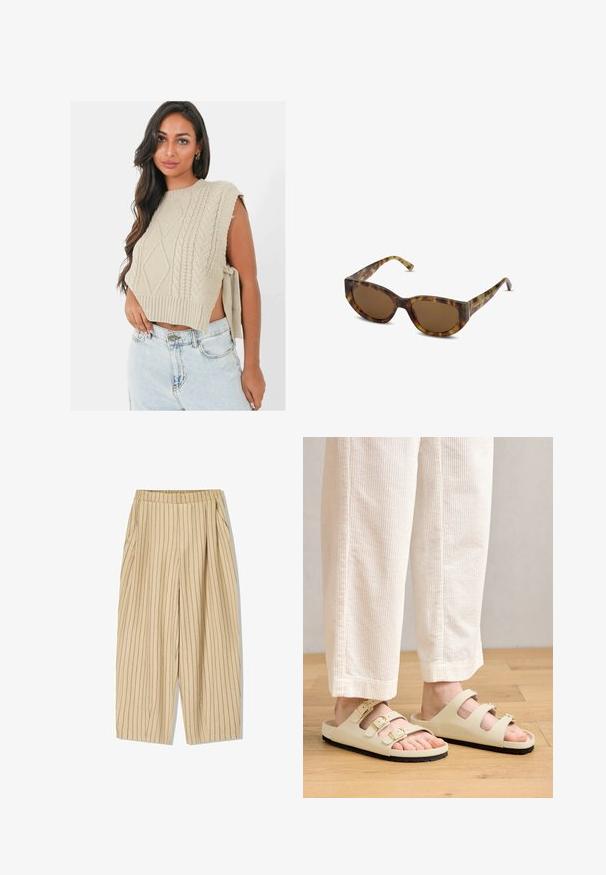 Beige gebreide crop sweater met kabelpatronen, wijde armopeningen en een geribbelde zoom, gecombineerd met lichtgewassen denim shorts.; Beige gestreepte broek met een elastische tailleband, voorzien van twee zijzakken, een losse pasvorm en verticale zwarte streepjes voor detail.; Lichtbeige sandalen met drie verstelbare banden met metalen gespen, een gewatteerde voetbed en een zwarte rubberen zool.; Tortoiseschil zonnebril met een brede, hoekige montuur en bruine lenzen. Heeft slanke veren met een soepele, glanzende afwerking.