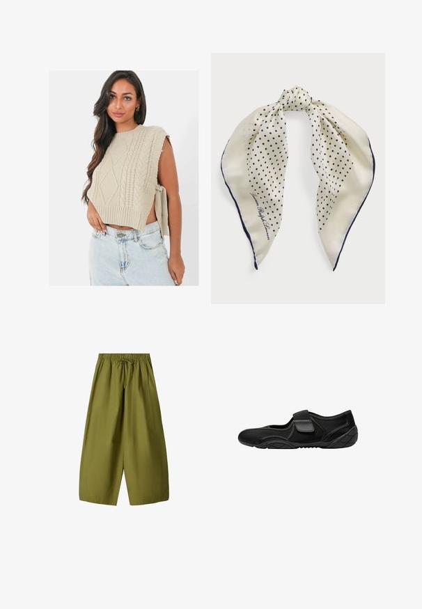 Beige gebreide crop sweater met kabelpatronen, wijde armopeningen en een geribbelde zoom, gecombineerd met lichtgewassen denim shorts.; Olijfgroene, wijde broek met een elastische tailleband en koord. Gemaakt van lichtgewicht stof, met twee zijzakken.; Zwarte schoen met een bovenwerk van stof en meshpanelen, voorzien van een klittenbandsluiting. De zool heeft een gestructureerd patroon voor grip.; Zijden sjaal met een crèmekleurige achtergrond en marineblauwe stippen, geknoopt in het midden; marineblauwe rand; met de tekst "Lauren Ralph Lauren."; Groene nepleer schoudertas met een gebogen vorm, verstelbare schouderband en een gladde textuur. Bevat een opening aan de bovenkant en minimale stikdetails.