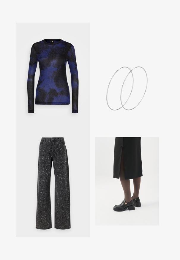 Zilā un melnā abstraktā raksta garām piedurknēm topi, izgatavots no mīksta auduma, ar apaļu kakla izgriezumu un pieguļošu piegriezumu.; Noisy May NMJANNEL LOOSE - Brīva piegriezuma džinsi - black denim; Melni ādas apavi ar noapaļotu purngalu, biezām bloku papēžiem un elastīgiem sānu akcentiem, apvienoti ar tumšām zeķubiksēm un melnu svārku ar šķirbu.; Sudraba gredzenveida auskari ar minimālistisku dizainu. Cirkulāra forma, gluda tekstūra un plāns profils. Vieglu svaru ar spīdīgu apdari.