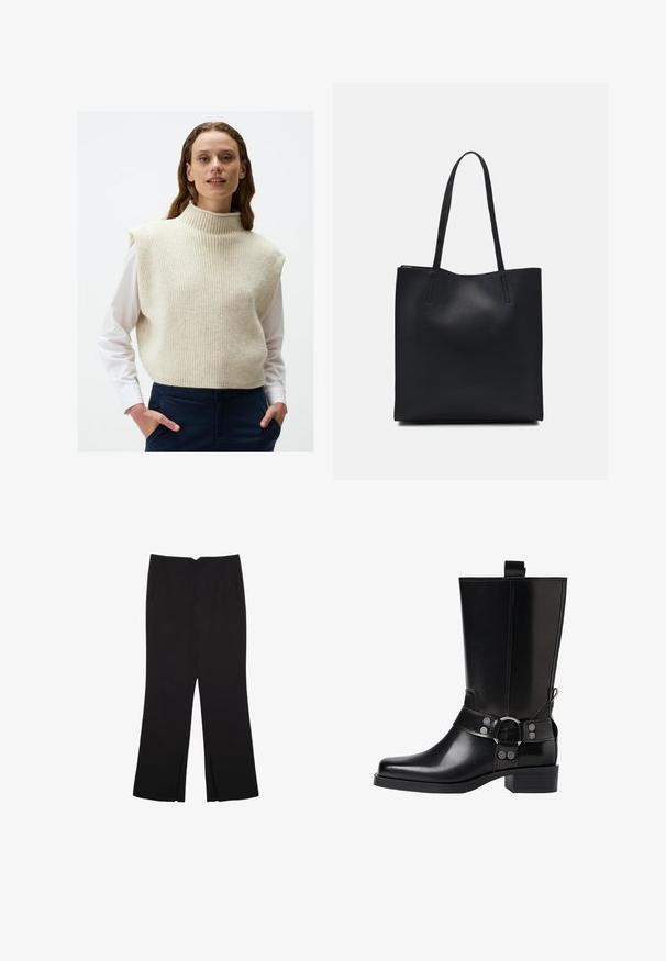 Pull en maille sans manches couleur crème avec un col haut côtelé et un tissu texturé, superposé à une chemise blanche à col.; Pantalon noir avec une coupe droite, doté de poches avant et d'éclairs sur l'ourlet. Fabriqué en tissu doux et lisse. Convient à diverses occasions.; Botte noire en cuir, montante jusqu'au genou, avec un bout pointu, des accents en boucle en argent et un talon épais. Présente une languette pour un enfilage facile.; Sac fourre-tout en cuir noir avec une texture lisse, de forme rectangulaire et deux longues poignées. Pas de matériel ou d'ornementations visibles.