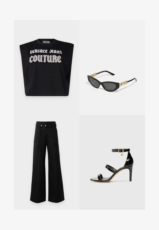 Must musta lõike ja laiade varrukatega must T-särk, mille ees on julged valged ja sädelevate kividest tähega "VERSACE JEANS COUTURE".; Mustad laiad püksid kõrge vöökohtaga, suured küljetaskud, kaks esimest nööpi ja silmuse detailiga. Valmistatud tugevast kangast.; Must musta nahk sandaal kolme rihmaga, pahkluu vööga ja 4-tollise stilettakontsaga. Omab kuldset detaili ja logovõtit.; Mustad kassi silmadega päikeseprillid, millel on tumedad läätsed, kuldsed geomeetrilised aktsendid tempstes ja stiilne matt viimistlus.; Must värvi nahast käekott, millel on kaarjas disain, hõbedased nupukesed, kinnitusahe ja kaks külgtaskut. Reguleeritav rihm erinevate kandmisvõimaluste jaoks.