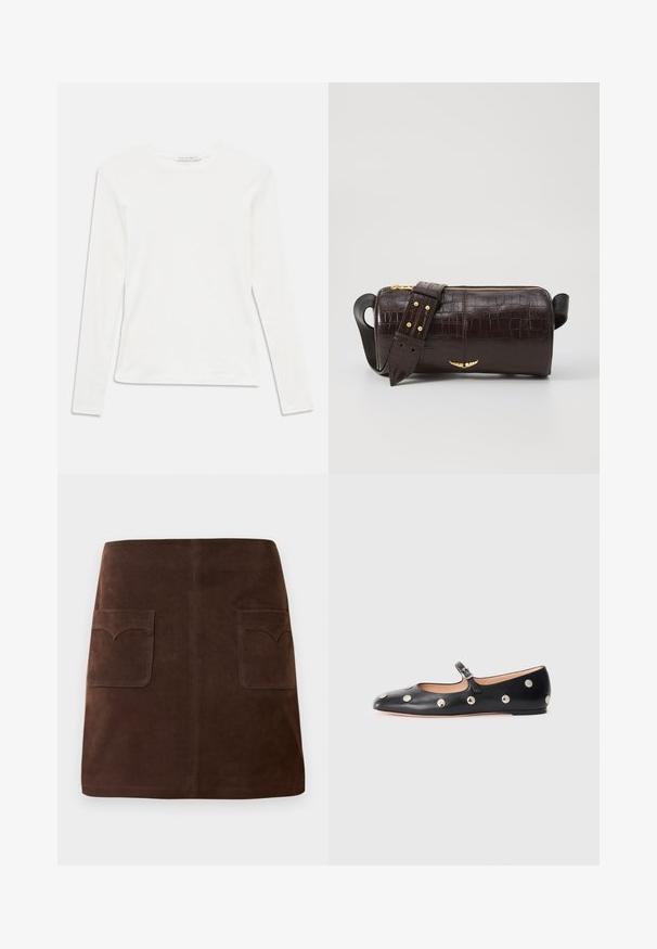 Valge pika varrukaga ümar kaelusega t-särk, millel on kaela juures väike "Tiger of Sweden" silt, ühtlasel taustal.; Pruun seemisabal, millel on klassikaline A-linja kuju, kaks eesmist taskut ümarate klappidega ja peened tikandi detailid.; Must naar mustast valmistatud Mary Jane lamedad jalanõud, ümarate varvastega, hõbedaste ümmarguste nupukestega ja reguleeritava rihmaga, millel on klamber.; Pruunist krokodillimustrist nahast kott, millel on silindri kuju, kuldse tooni metalldetailid ja eemaldatav rihm, kus on nupud.