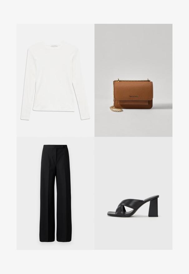 Valge pika varrukaga ümar kaelusega t-särk, millel on kaela juures väike "Tiger of Sweden" silt, ühtlasel taustal.; Laiad mustad püksid sujuva, mati pinnaga. Tasane vöökoht ilma nähtava riistvara või mustriteta. Lihtne ja elegantne disain.; MAX&Co. SOHO - Kõrge kontsaga sandaalid - schwarz; Pruun tekstureeritud nahk ristkeha kott kuldse ahelaga rihmaga ja klapiga sulgemine. Esiküljel on logo detail ja tasku klapi all.