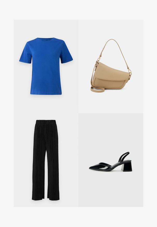 Mėlynas medvilninis marškinėlis su trumpomis sukniotomis rankovėmis, apvalia iškirpte ir lygiu paviršiumi. Paprastas dizainas, be raštų ar akcentų.; Juodi plisuoti kelnės su elastine juosta. Turėkite plačias kojas ir glotnų, tekstūrinį audinį su vertikaliais dryžiais.; Juodos lakuotos odinės šlepetės su smailiu pirštu ir geometriniu bloko kulnu. Turi elegantišką, minimalistinį dizainą ir lygų paviršių.; Even&Odd Rankinė - beige