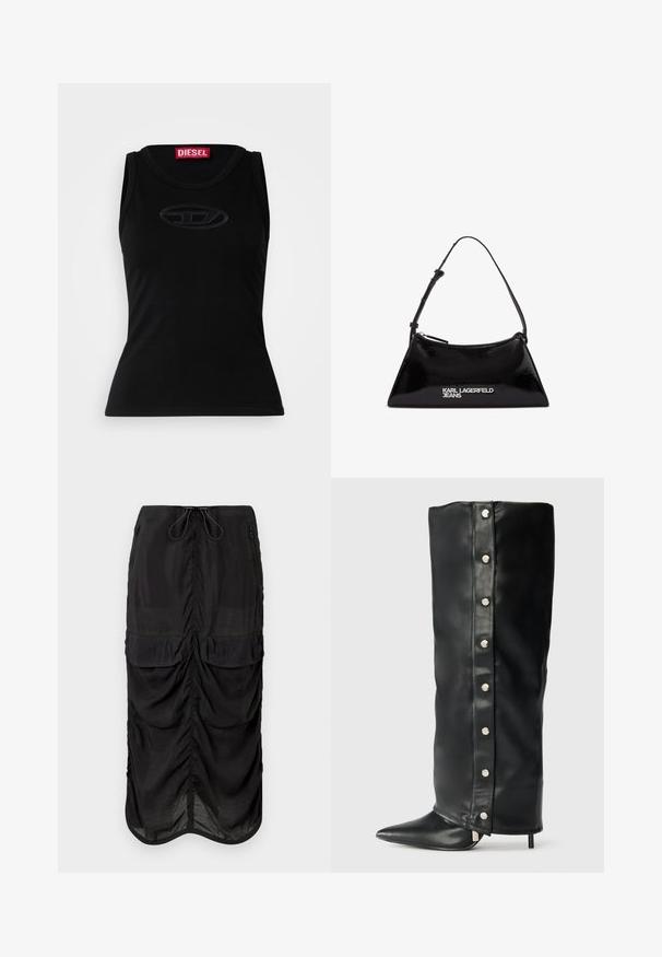 Fekete ujjatlan top, puha pamutból készült, finoman domborított logóval a közepén, valamint egy piros márkázott címkével a nyakvonalban.; Fekete midi szoknya könnyű anyagból. Gyűrt részletezéssel, két elülső zsebbel és állítható húzózsinórral ellátott derékrésszel rendelkezik.; Fekete bőr, magas sarkú csizmák, amelyek illeszkedő kialakítással, hegyes orral és ezüst színű patentgombokkal rendelkeznek az oldalukon.; Fekete lakkbőr kézitáska, háromszögletű formával, felső cipzárral és állítható pánttal. "KARL LAGERFELD JEANS" felirat ezüst színben.