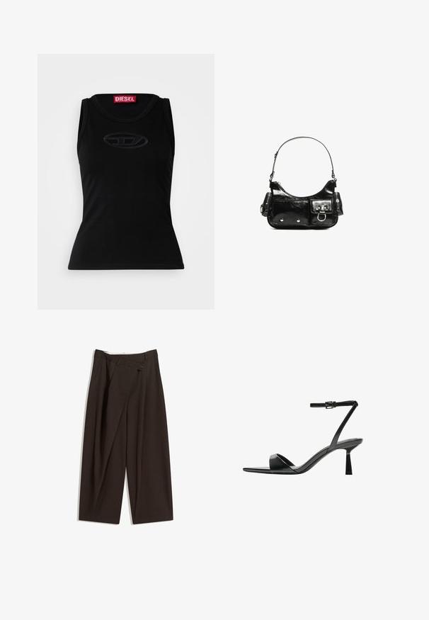 Fekete ujjatlan top, puha pamutból készült, finoman domborított logóval a közepén, valamint egy piros márkázott címkével a nyakvonalban.; Sötétbarna, bő szárú nadrág magas derékkal, egyetlen gombos záródással és redős elülső résszel. Könnyű anyagból készült.; Bershka Magas sarkú szandálok - black; Fekete lakkbőr kézitáska ívelt formával, egy vállpánttal, elülső zsebekkel és ezüstszínű fémrészletekkel.