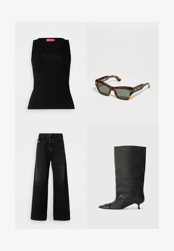 Schwarzes ärmelloses Tanktop aus weicher Baumwolle, mit einem dezenten geprägten Logo in der Mitte und einem roten Markenetikett im Ausschnitt.; Schwarz hochgeschnittene Jeans mit weitem Bein aus Denim, ausgestattet mit einem Knopfverschluss, vorderen Taschen und einer verwaschenen Textur.; Schwarze Leder-Ankle Boots mit spitzem Zehenbereich, kleinem Absatz und metallischen Akzenten an der Spitze. Sanfte, matte Textur im gesamten Schuh.; Schildpatt-Sonnenbrille mit rechteckigen grünen Gläsern. Dicke Fassung mit goldenen Akzenten an den Bügeln. Glatte Textur und kantiges Design.